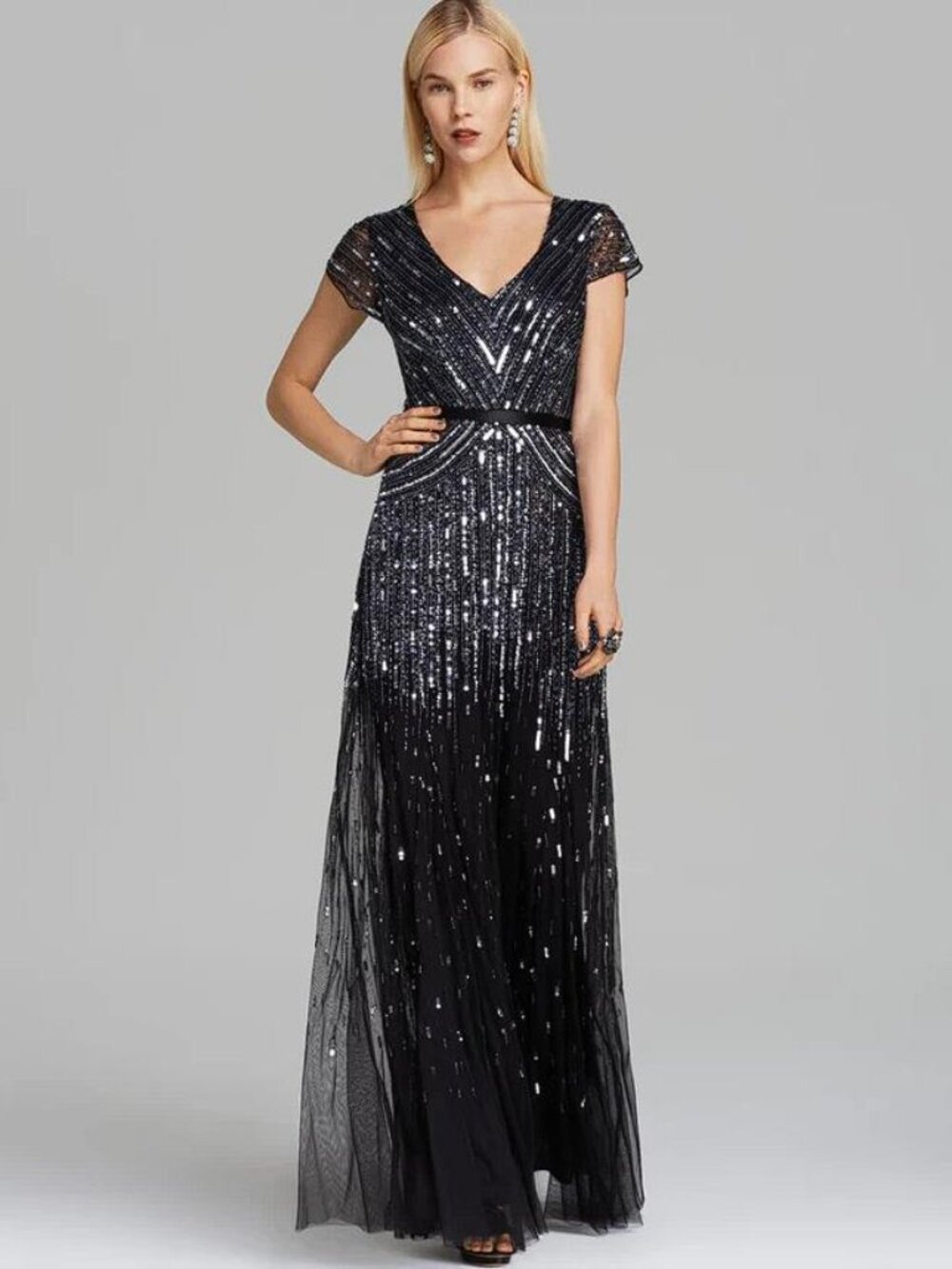 ADRIANA PAPELL Women's Beaded V-neck Gown Size 6 In Gunmetal